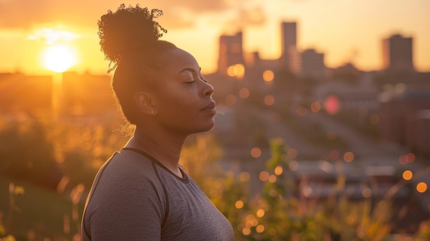 mulher negra afro-americana de grande tamanho com olhos fechados em roupas esportivas gosta de excesso de peso