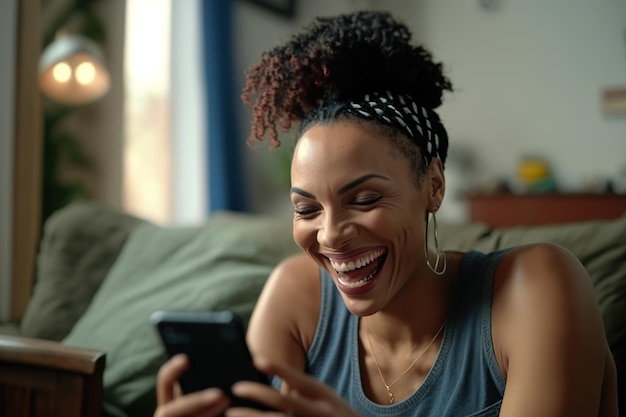 Mulher negra afro em casa ri ao ler boas notícias em seu celular geradas por Ai