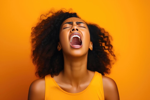 Foto mulher negra apaixonada expressando emoção em fundo laranja vibrante