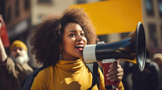 Mulher negra ativista trabalhista protestando com megafone durante uma manifestação