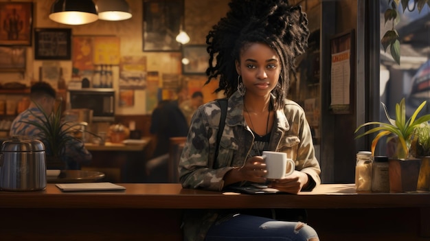 Mulher negra atraente em uma cafeteria aconchegante na cidade Linda estudante tomando café