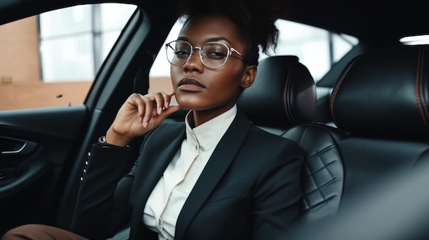 Mulher negra bem-sucedida de IA generativa em um terno de negócios sentado em um belo interior de automóvel de couro