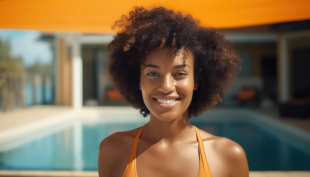 Mulher negra com cachos afro em biquíni laranja à beira da piscina usa FPS e sorri