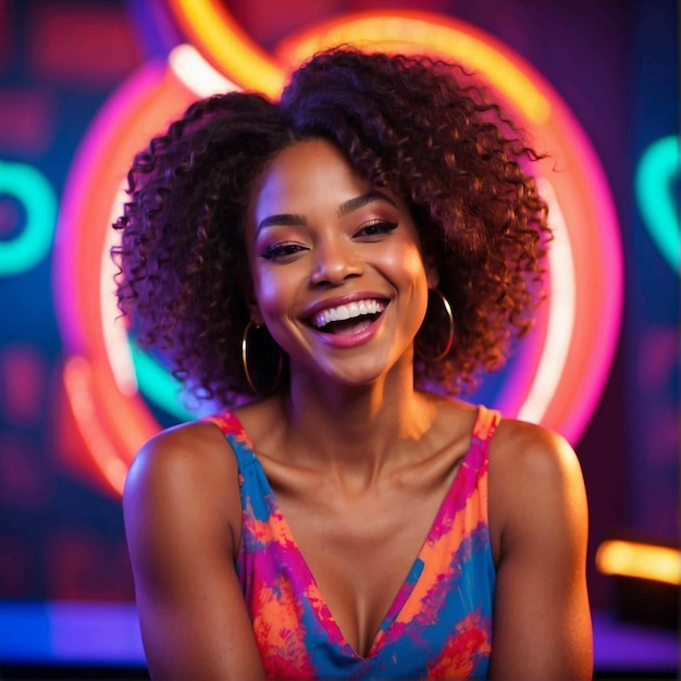 Mulher Negra com fundo neon e sorriso no rosto (Mujer negra con fondo de neón y sorriso sin rostro)