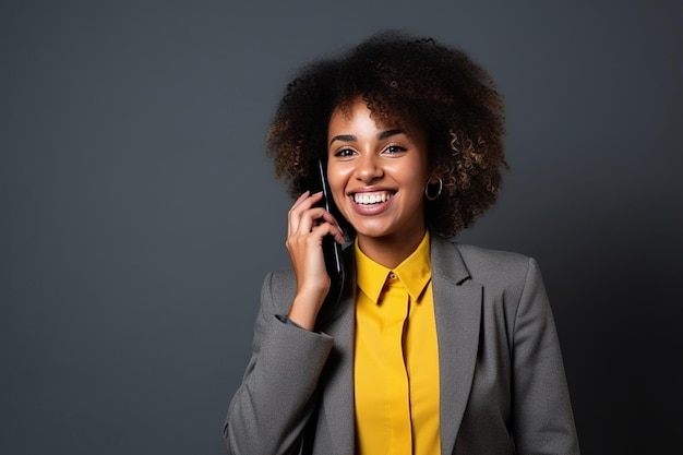 Mulher negra com telefone no fundo do estúdio