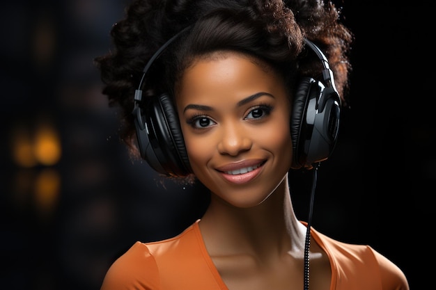 Mulher negra com um fone de ouvido de call center sorrindo e vestindo uma camisa branca com fundo preto