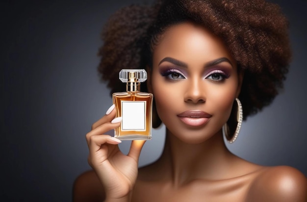 Mulher negra com uma garrafa de perfume na mão.