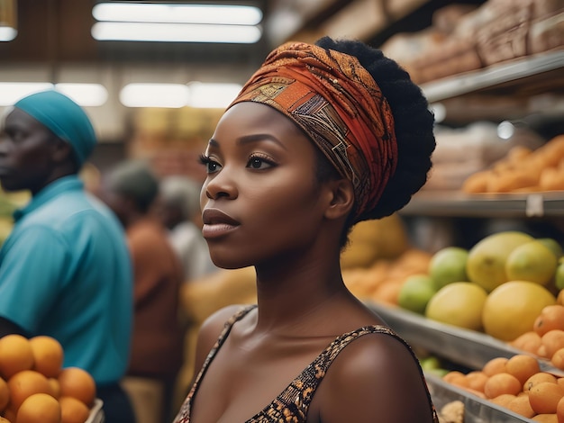 Mulher negra comprando comida orgânica na mercearia