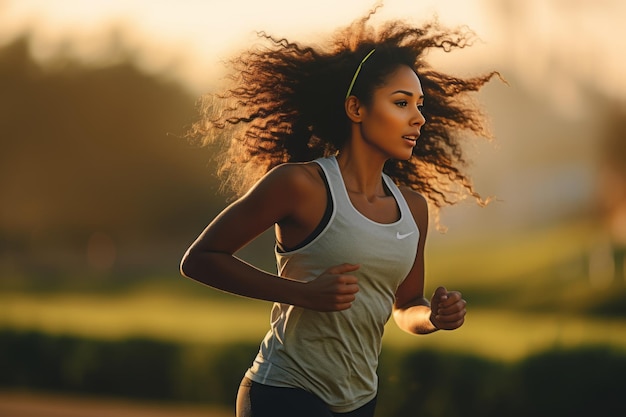 Foto mulher negra confiante mostra força durante a corrida matinal em um parque verde sereno ao amanhecer