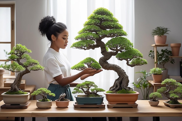 Mulher Negra Cuidando da Coleção de Árvores Bonsai Inteligência Artificial Generativa
