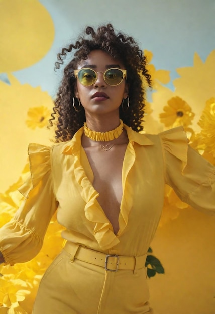 Mulher negra de 20 anos, com cabelos ondulados e óculos de sol amarelos.