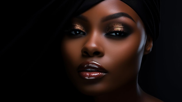 Mulher negra de beleza radiante com maquiagem de IA generativa