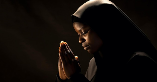 Mulher negra de pele escura e retrato religioso de freira católica rezando na igreja e olhando para a câmera Retrato feliz de freira