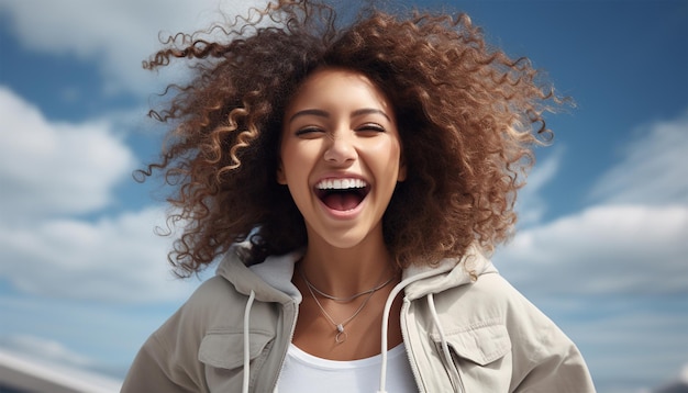 Foto mulher negra de raça mista beleza atirado menina super feliz rindo retrato de jovem mulher afro-americana