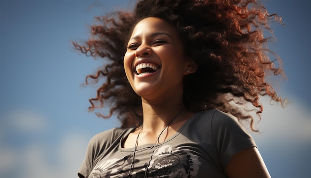 Foto mulher negra de raça mista beleza atirado menina super feliz rindo retrato de jovem mulher afro-americana