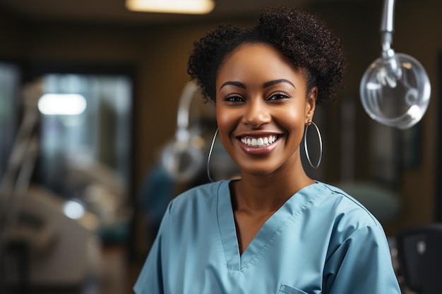 Mulher negra dentista trabalhando em clínica odontológica