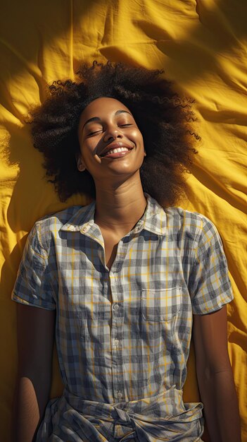 Foto mulher negra dormindo sorrindo no colchão