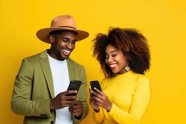 Mulher negra e homem preto com telefone em fundo amarelo