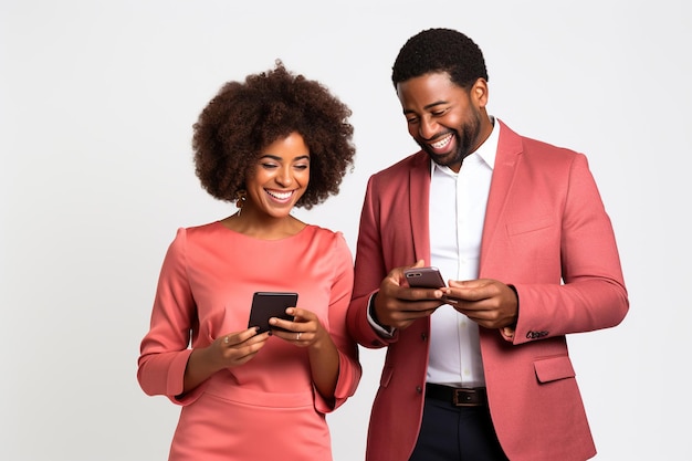 Mulher negra e homem preto com telefone em fundo branco