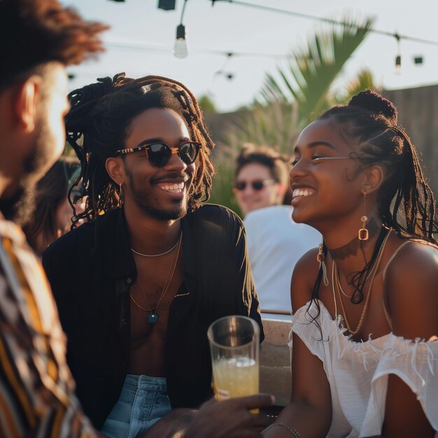 Foto mulher negra e homem socializando em uma festa no telhado da juventude