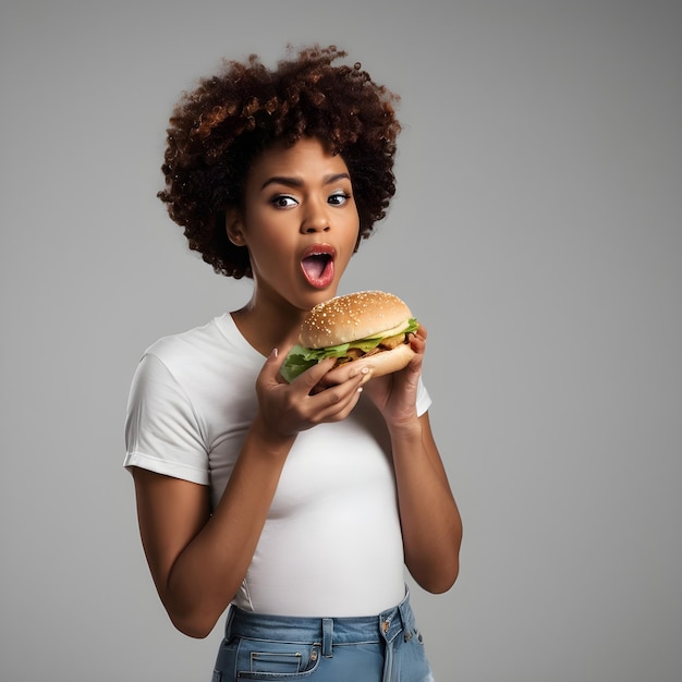 Mulher negra em pé comendo um hambúrguer em um fundo simples