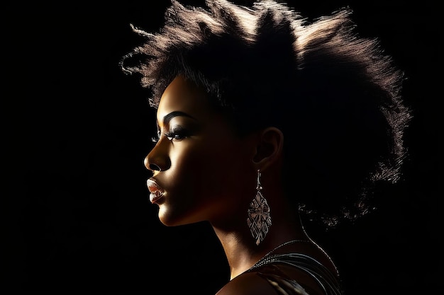 Mulher negra em perfil fundo preto luz de estúdio