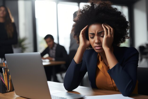 Foto mulher negra enfrentando crise e estresse no escritório