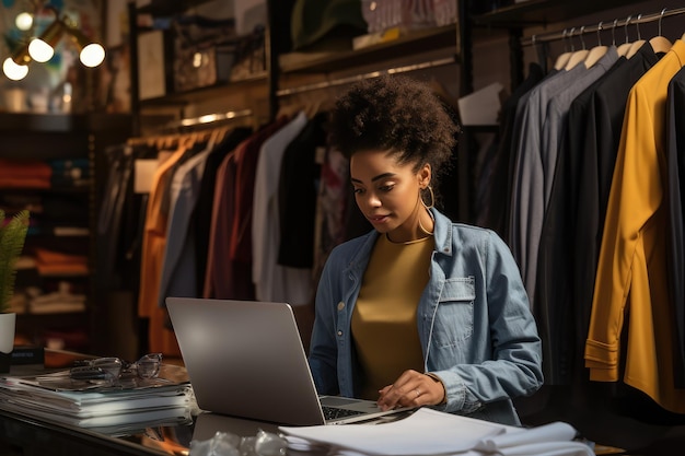 mulher negra escrevendo em seu laptop em sua loja de roupas