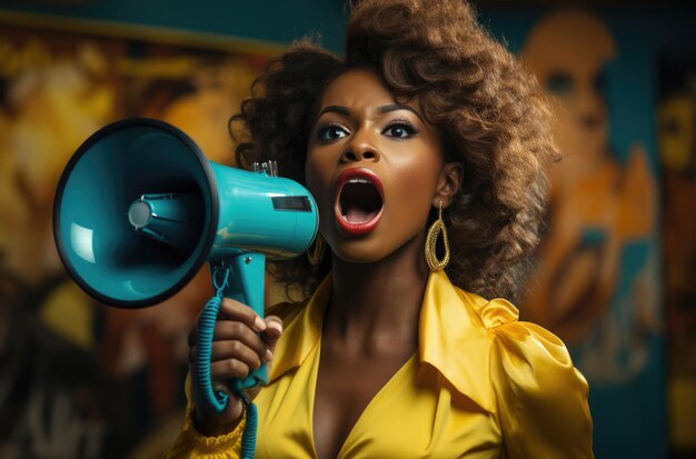 Foto mulher negra espantada com alto-falante na rua