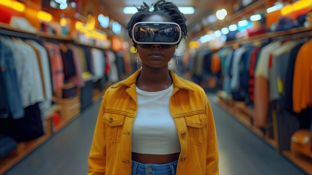 Mulher negra experimentando a realidade virtual em uma loja