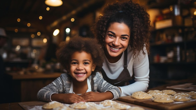 Mulher negra fazendo biscoitos de Natal ao lado de um menino e segurando uma assadeira xA