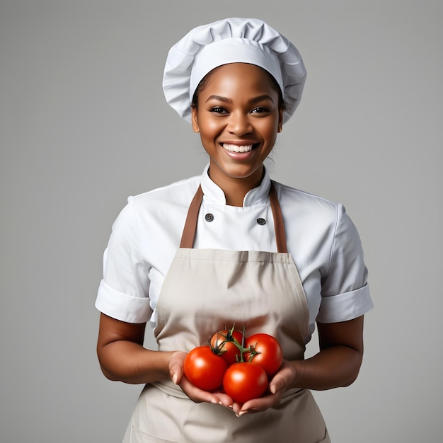 Foto mulher negra feliz com tomate na mão