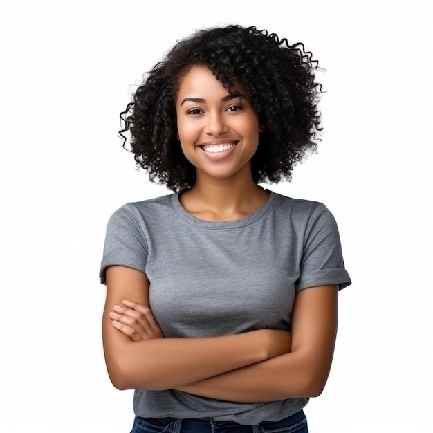 Mulher negra feliz de pé com os braços cruzados isolada