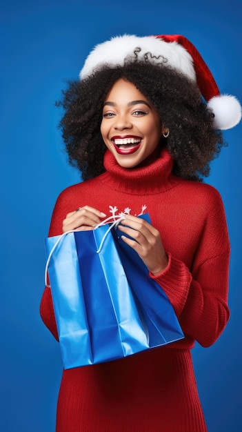 Mulher negra feliz fazendo compras no Natal
