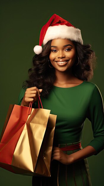 Mulher negra feliz fazendo compras no Natal