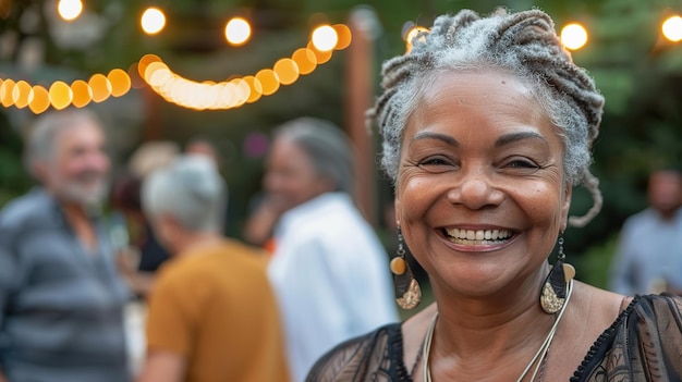 Mulher negra idosa a desfrutar de uma festa de verão no jardim.