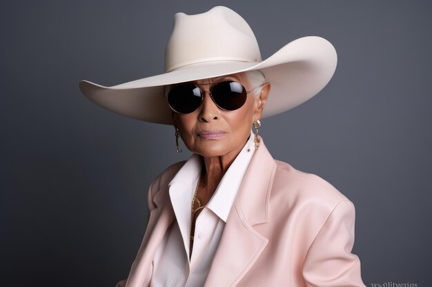 Mulher negra idosa à moda com chapéu de cowboy rosa e um terno elegante com acessórios à moda