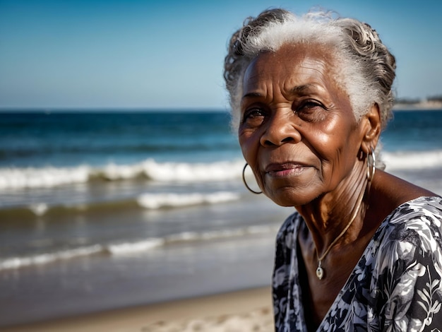 Foto mulher negra idosa no retrato da praia avó férias férias de férias de velhos