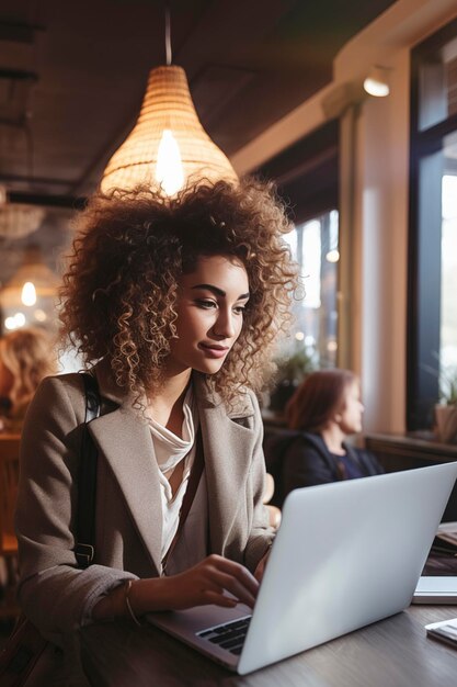 Foto mulher negra jovem com cabelos encaracolados trabalhando com laptop enquanto estava sentada em um café dentro de casa