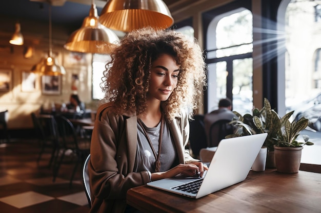 Foto mulher negra jovem com cabelos encaracolados trabalhando com laptop enquanto estava sentada em um café dentro de casa