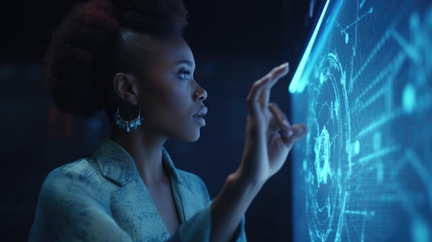 Mulher negra madura com curiosidade maravilhosa olhando para display digital holográfico inovação tecnológica futurista Generative AI AIG20