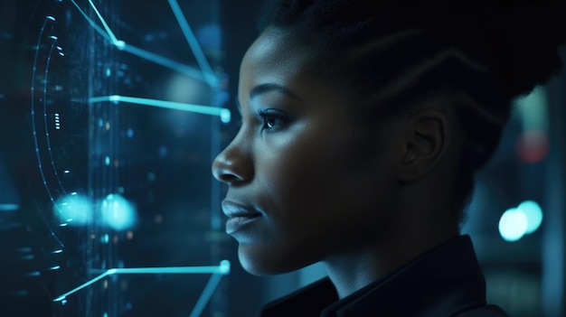 Mulher negra madura com curiosidade maravilhosa olhando para display digital holográfico inovação tecnológica futurista Generative AI AIG20