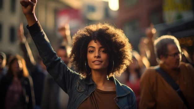 Foto mulher negra marchando em protesto com um grupo de pessoas