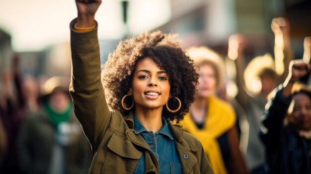 Mulher negra marchando em protesto com um grupo de pessoas