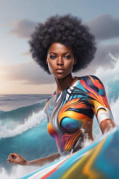 mulher negra musculosa surfando na ilustração das ondas