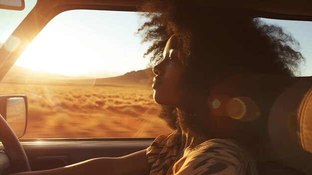 Mulher negra na estrada desfrutando da vista da janela do deserto e viajando em SUV de férias AI gerativa