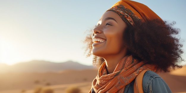 Mulher negra na estrada desfrutando da vista da janela para o deserto e viajando