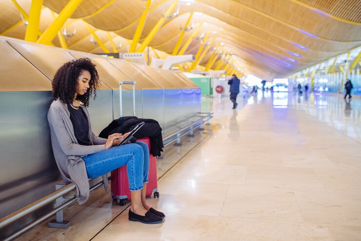 Foto mulher negra no aeroporto usando tablet e ouvir música com fones de ouvido