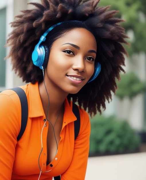 Mulher negra ouvindo música com fones de ouvido em uma rua da cidade Ilustração IA generativa