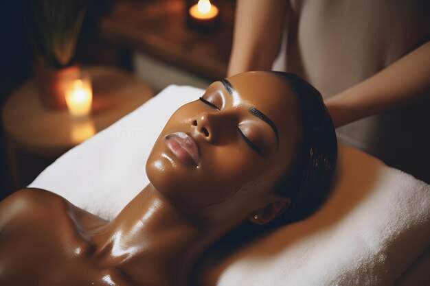 Mulher negra recebendo massagem e tratamento facial em spa de luxo